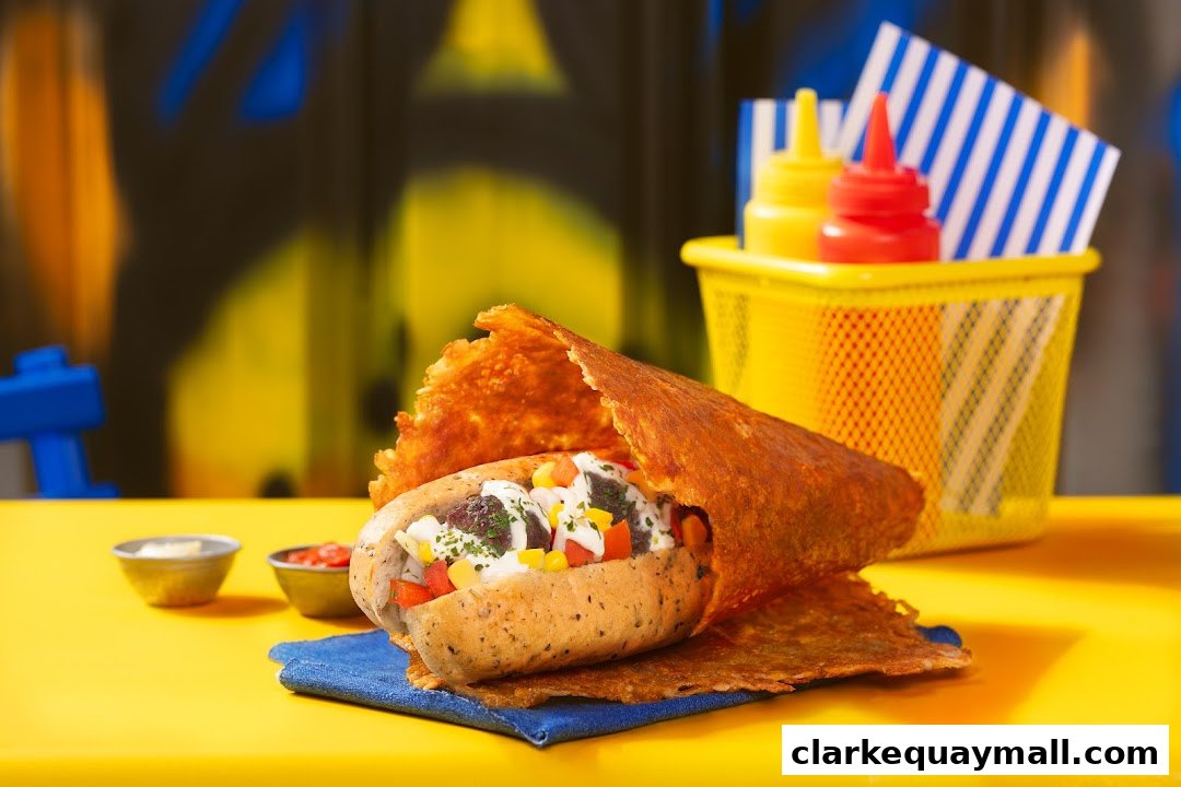 A gourmet hot dog wrapped in crispy cheese, served with condiments and a colorful background.