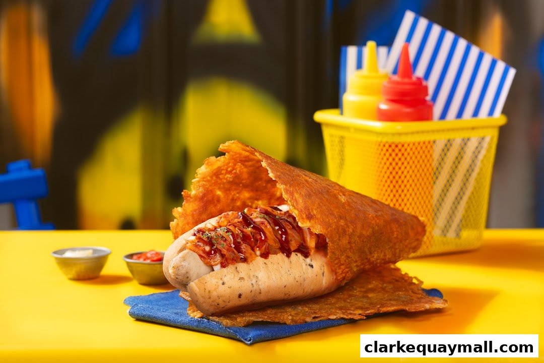 A gourmet hot dog wrapped in crispy cheese, served with condiments on a bright yellow table.