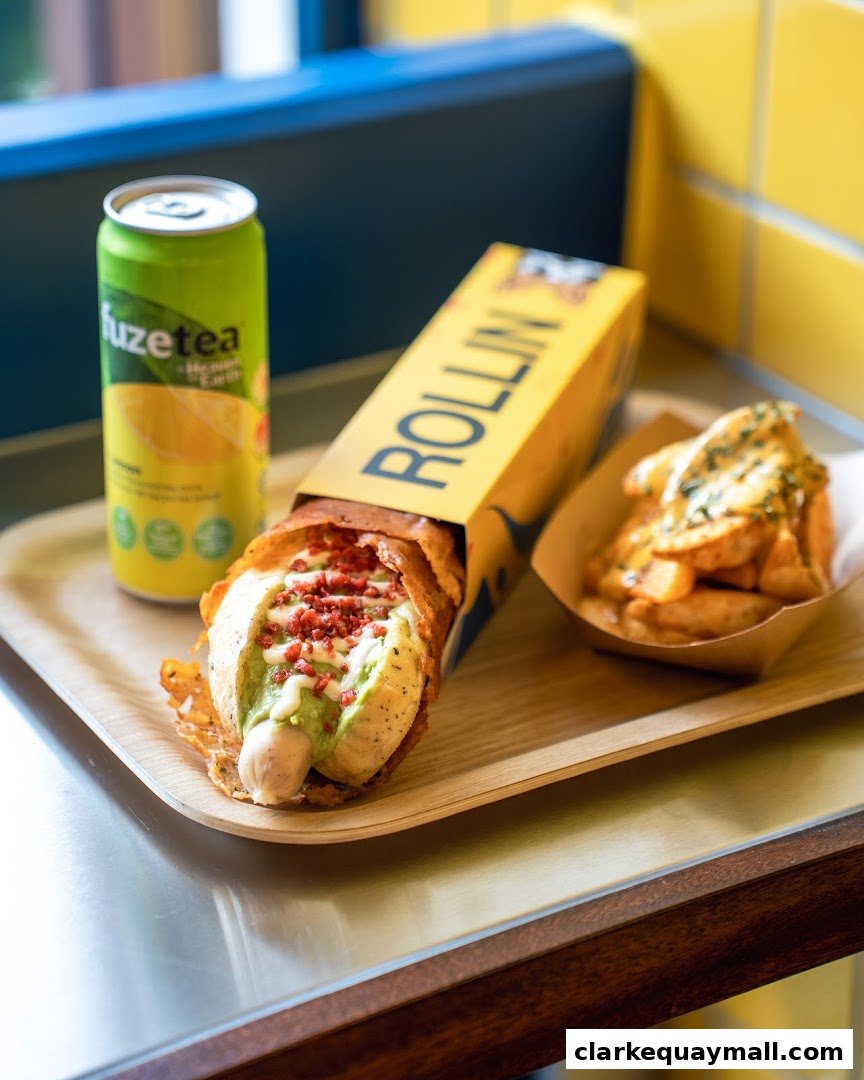 A delicious hot dog with toppings and a side of loaded fries, served with a canned drink.