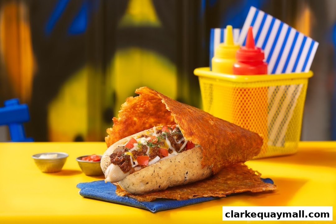 A gourmet hot dog wrapped in crispy cheese, served with condiments and a vibrant background.