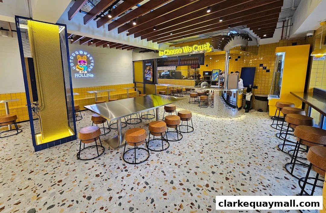 Interior of a brightly lit restaurant with yellow walls, chrome counter, and modern seating.