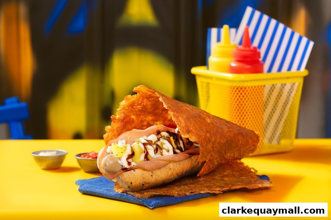 A gourmet hot dog wrapped in crispy cheese, served with condiments and a colorful background.