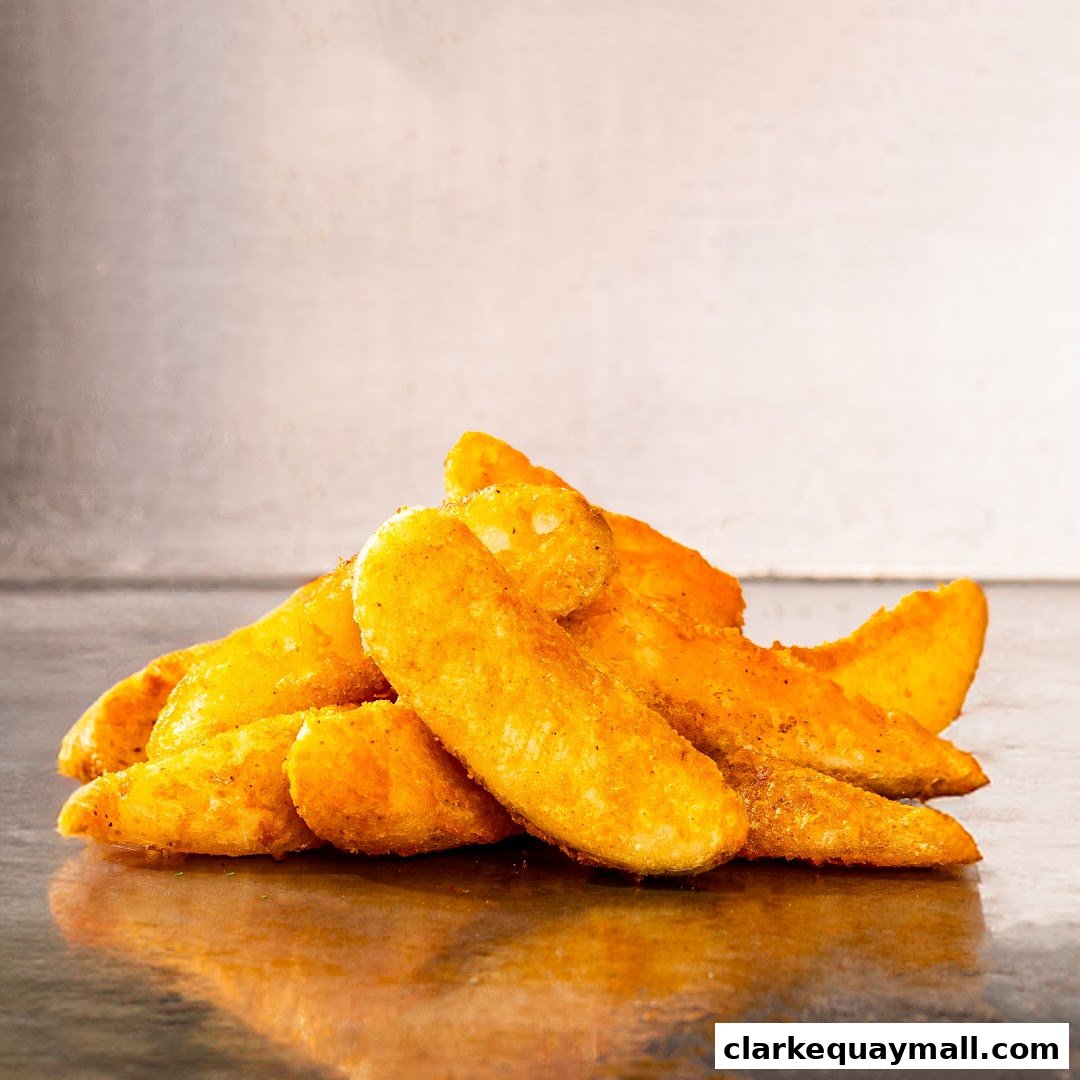 A close-up shot of crispy, seasoned potato wedges piled high on a reflective surface.