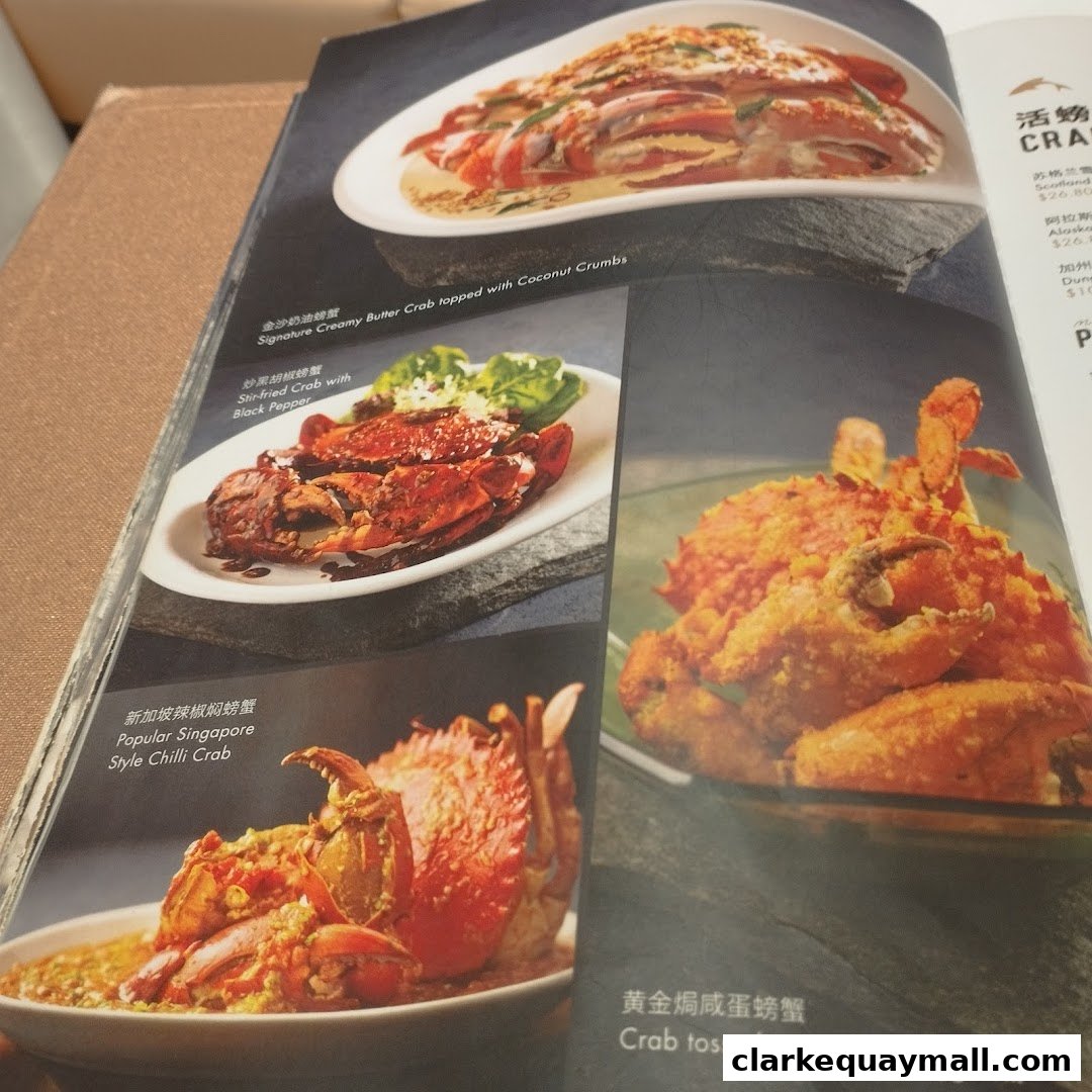 A menu page showcasing various crab dishes with appetizing images and descriptions.