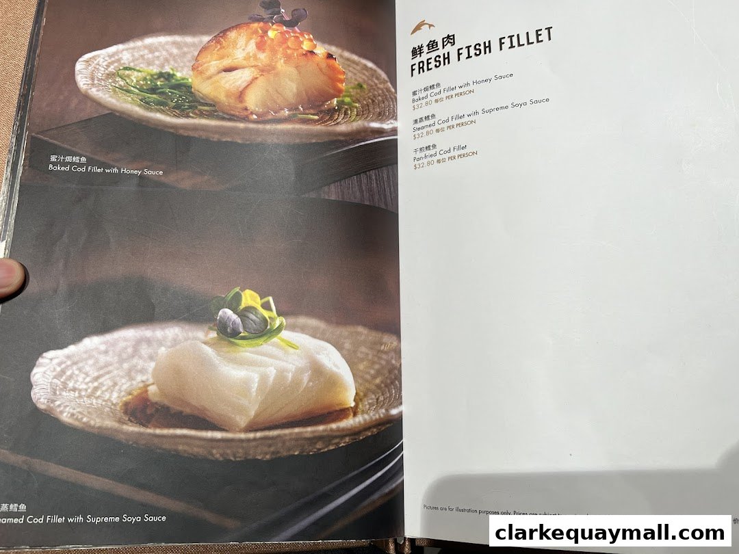 A menu page showcasing three different preparations of cod fillet with accompanying images.