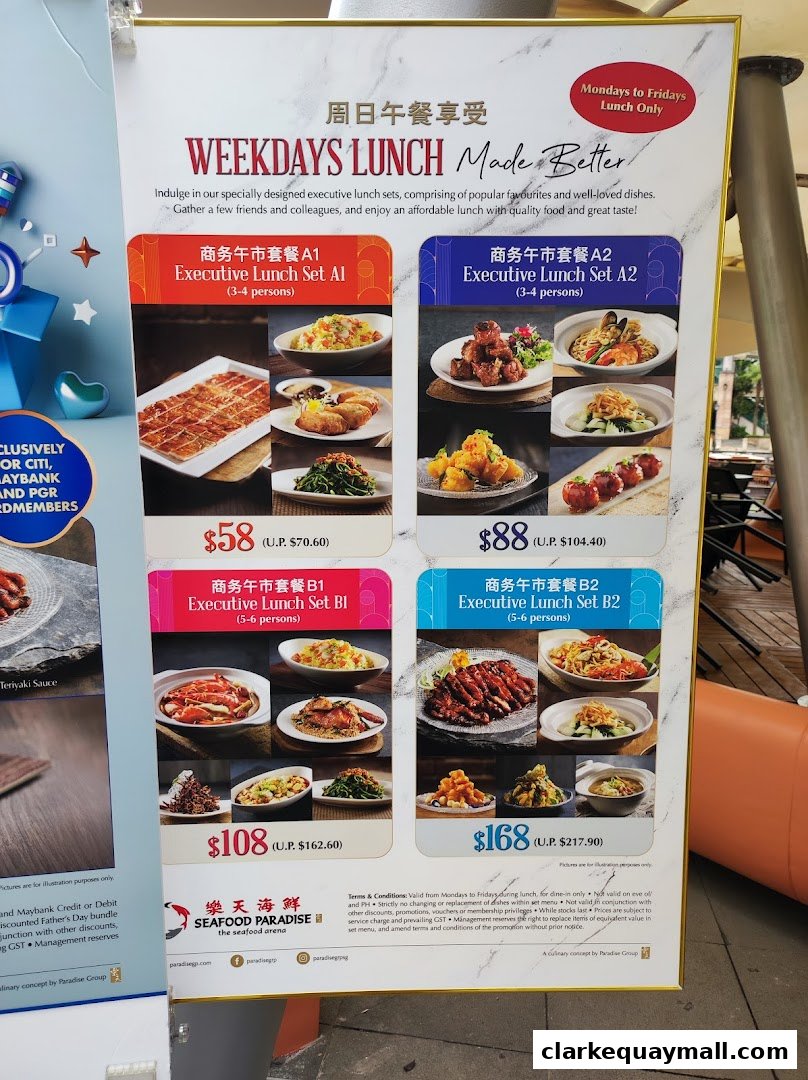 A menu board showcasing weekday lunch sets with various dishes and prices.
