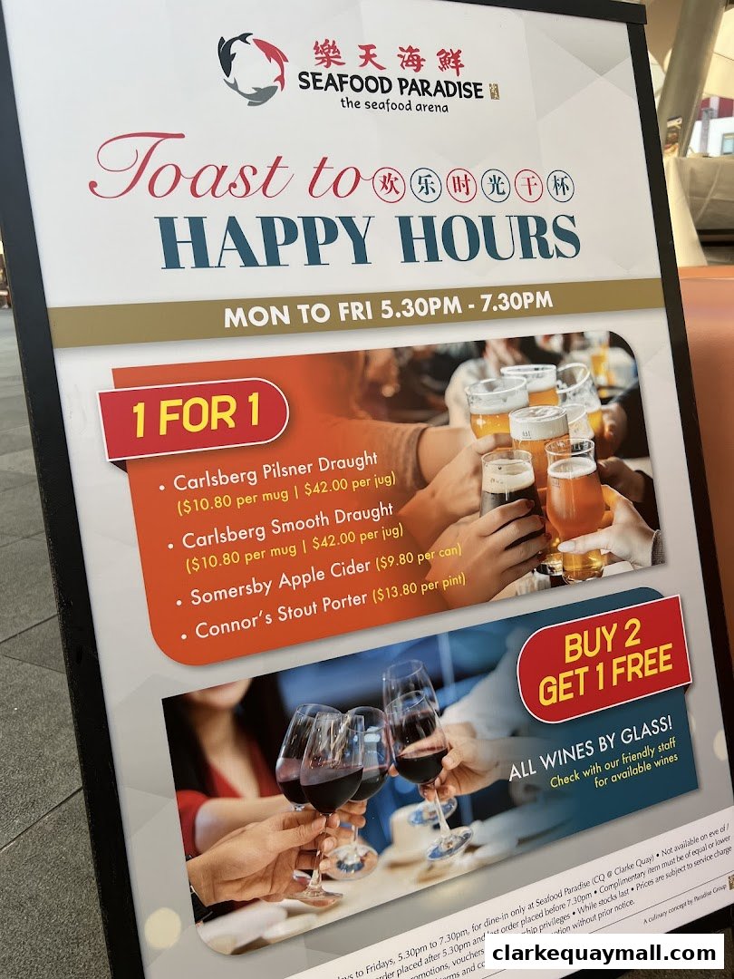 A sign advertising happy hour deals for Seafood Paradise, featuring beer and wine promotions.
