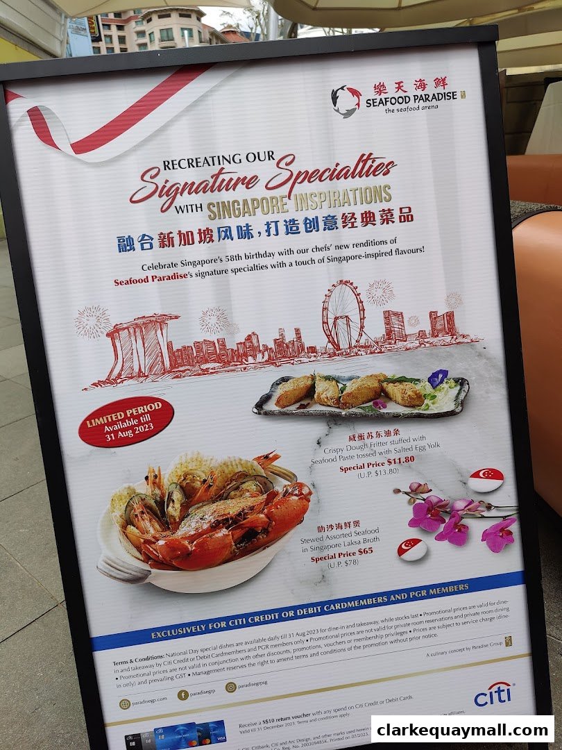 A promotional sign for Seafood Paradise featuring signature Singapore-inspired dishes.