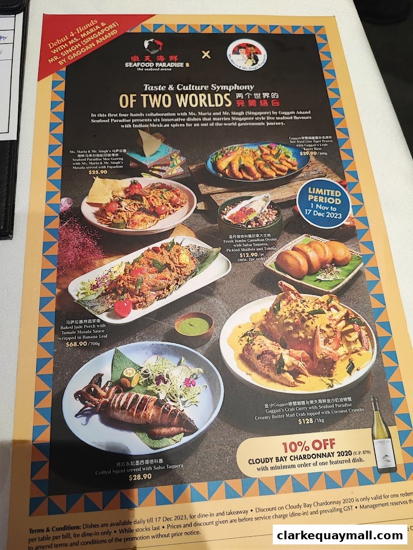 A menu showcasing a collaboration of seafood dishes with unique flavor fusions.