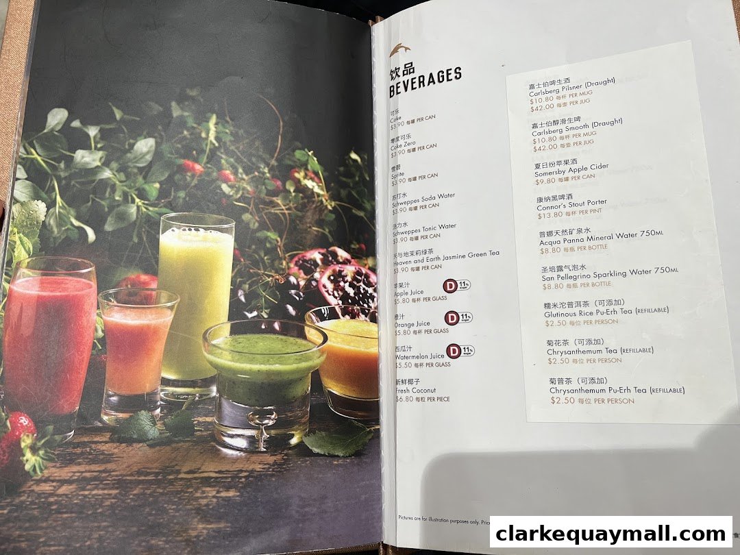 A menu page showcasing various beverages with vibrant fruit juices and alcoholic drinks.