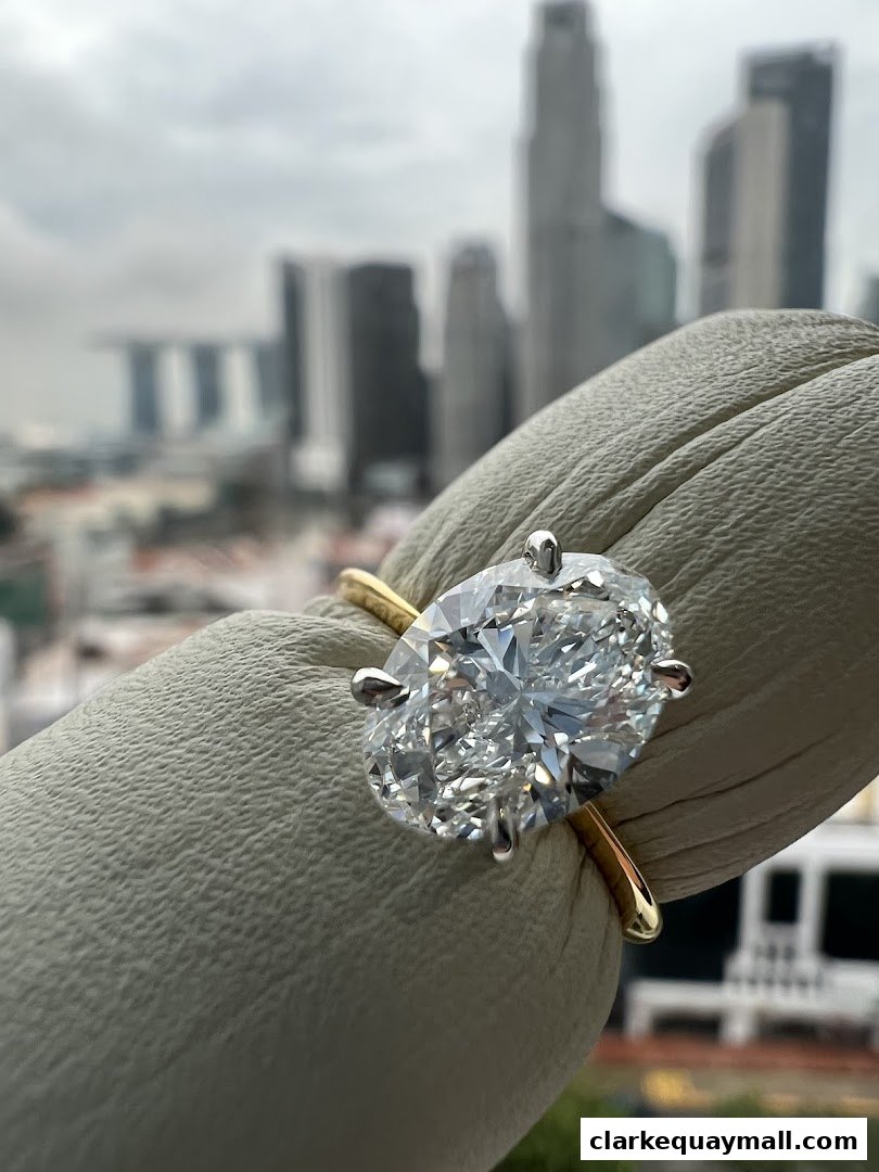 A stunning oval diamond ring is showcased against a blurred cityscape background.