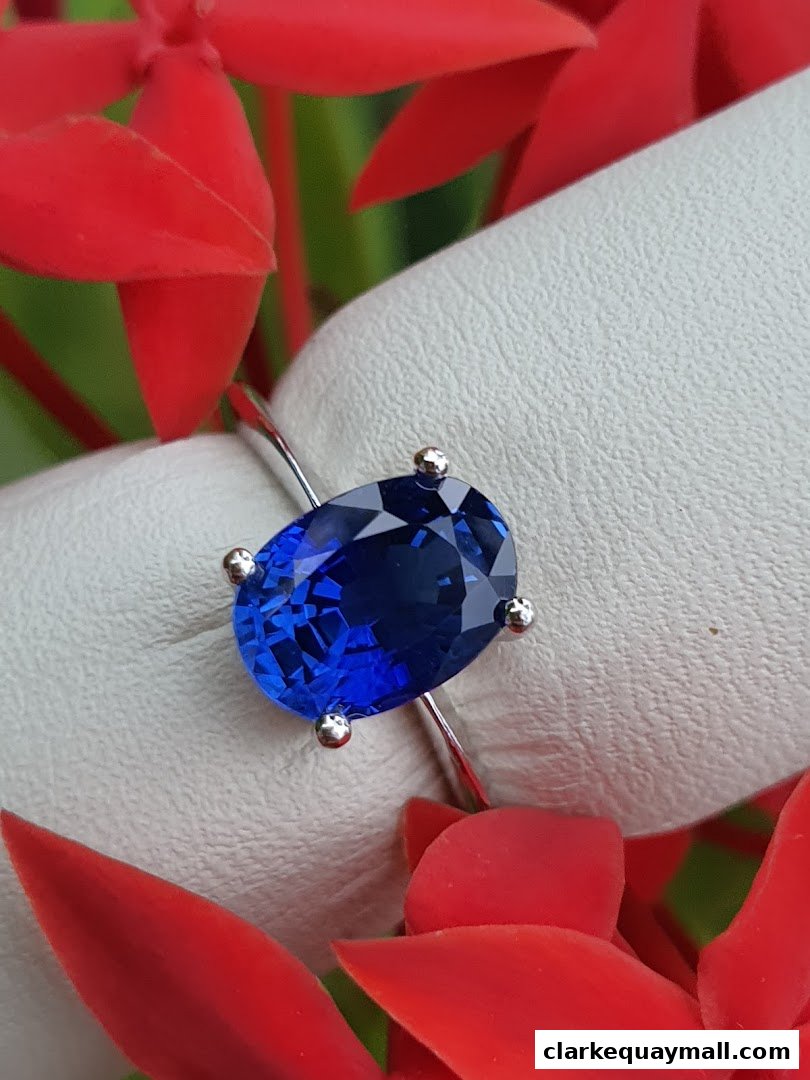 A close-up of an oval blue sapphire ring set against a textured background with red flowers.