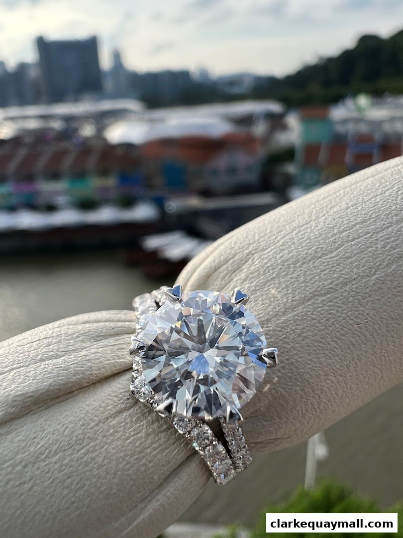 A close-up of a large diamond engagement ring with a sparkling band, set against a blurred cityscape.