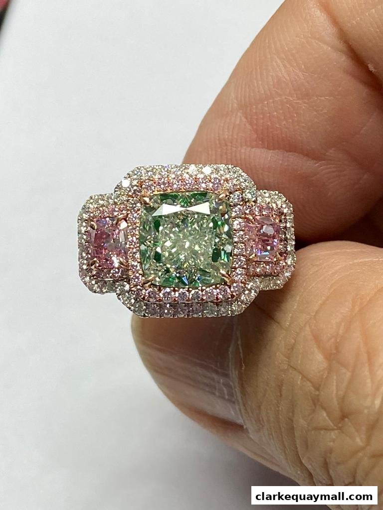 A close-up shot of a stunning diamond ring with a large green center stone and pink side stones.