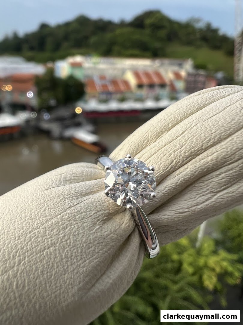 A stunning diamond ring is showcased against a blurred backdrop of buildings and water.