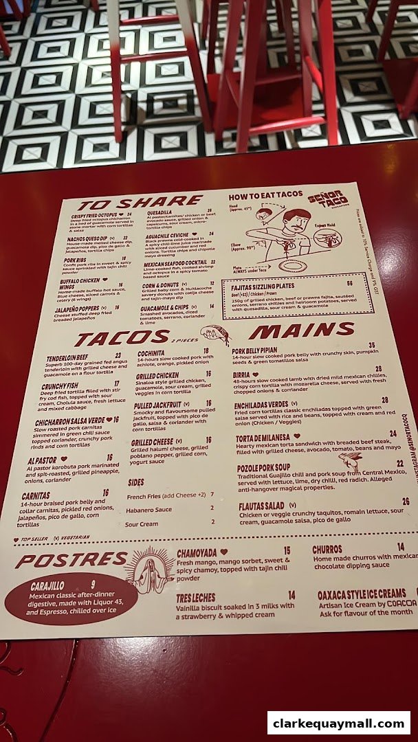 A menu from Señor Taco Clarke Quay featuring tacos, mains, sides, and desserts.