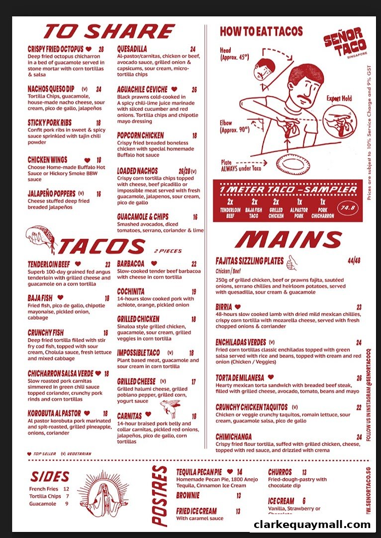 A menu for Señor Taco Clarke Quay featuring tacos, mains, sides, and desserts.