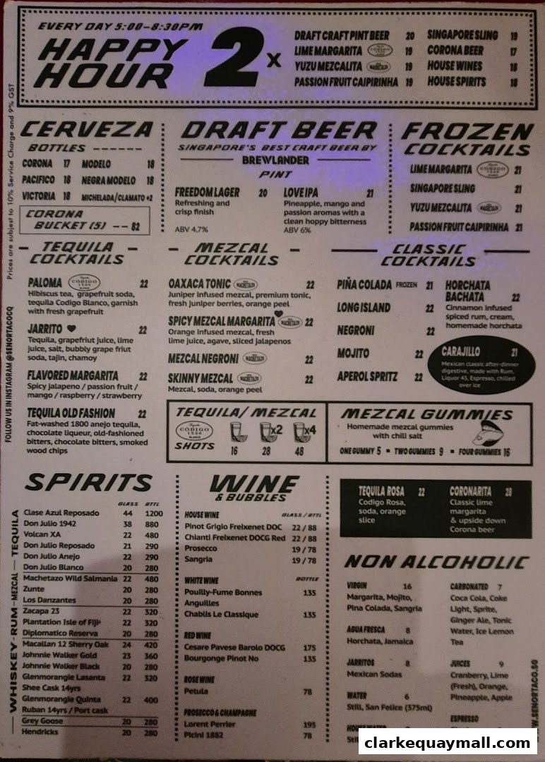 A menu for Señor Taco Clarke Quay featuring drinks like cerveza, draft beer, cocktails, and spirits.