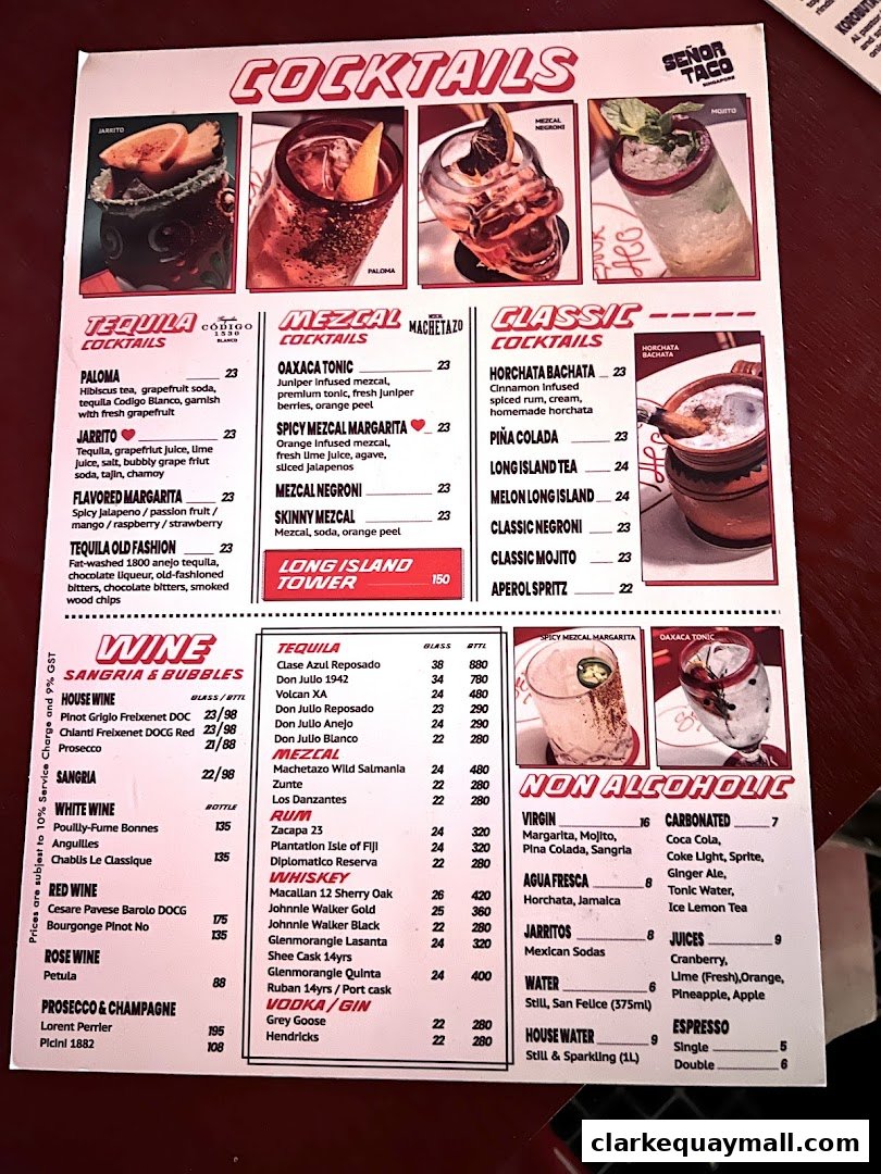 A menu from Señor Taco Clarke Quay featuring cocktails, wines, and non-alcoholic drinks.