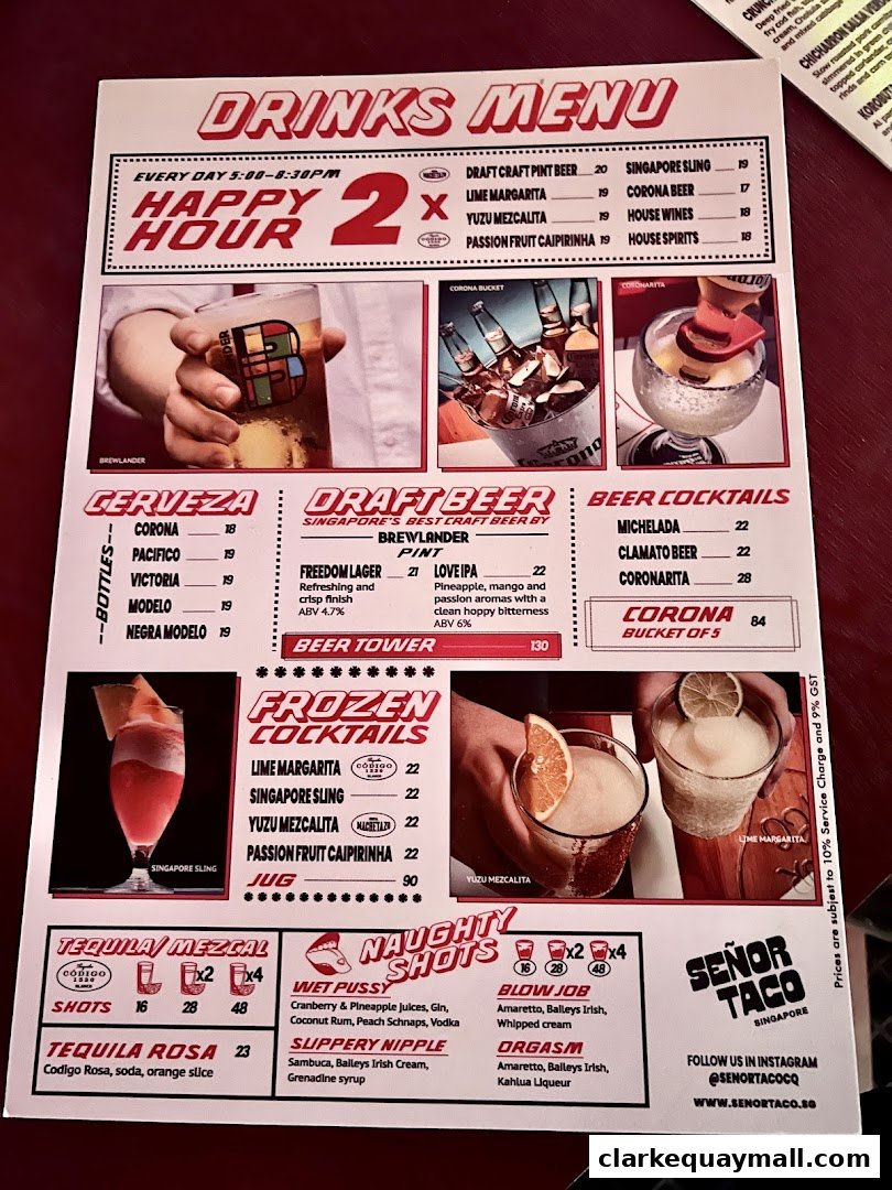 A drinks menu from Señor Taco featuring various cocktails, beers, and shots.