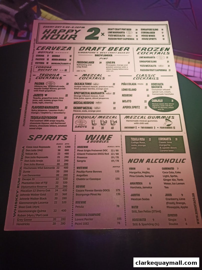 A menu for Señor Taco Clarke Quay featuring drinks, spirits, wine, and non-alcoholic options.