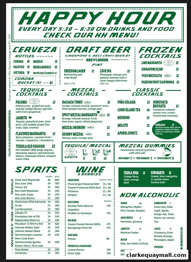 A colorful menu for Señor Taco Clarke Quay featuring drinks and happy hour specials.