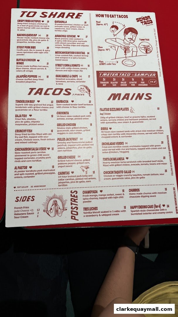 A menu from Señor Taco Clarke Quay featuring tacos, mains, sides, and desserts.
