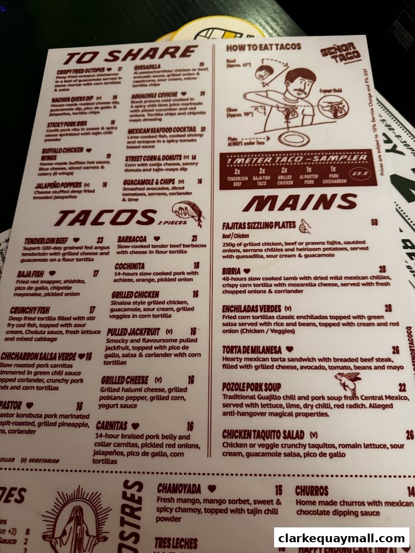 A menu from Señor Taco Clarke Quay featuring a variety of tacos, mains, and desserts.