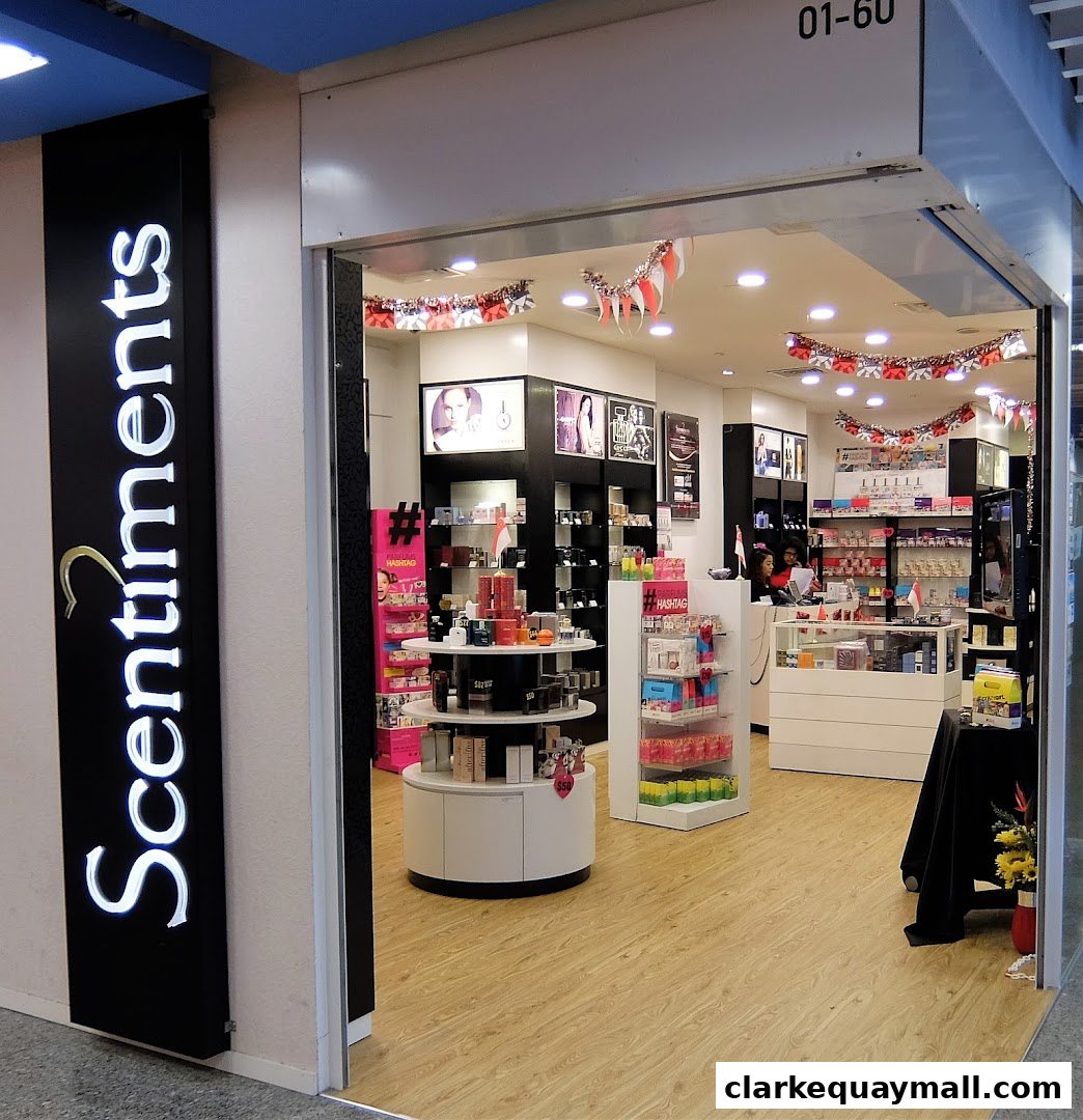 The entrance to Sentiments, a shop selling perfumes and beauty products, with displays of merchandise.