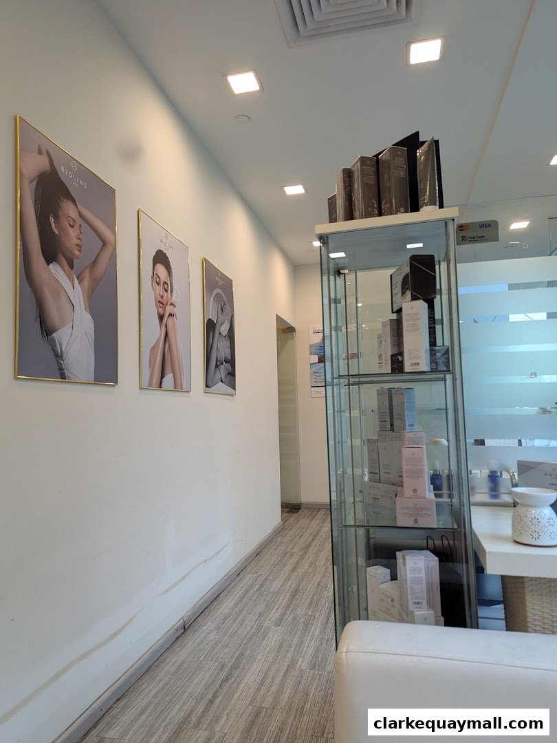 Interior of a beauty salon with posters and display shelves of skincare products.