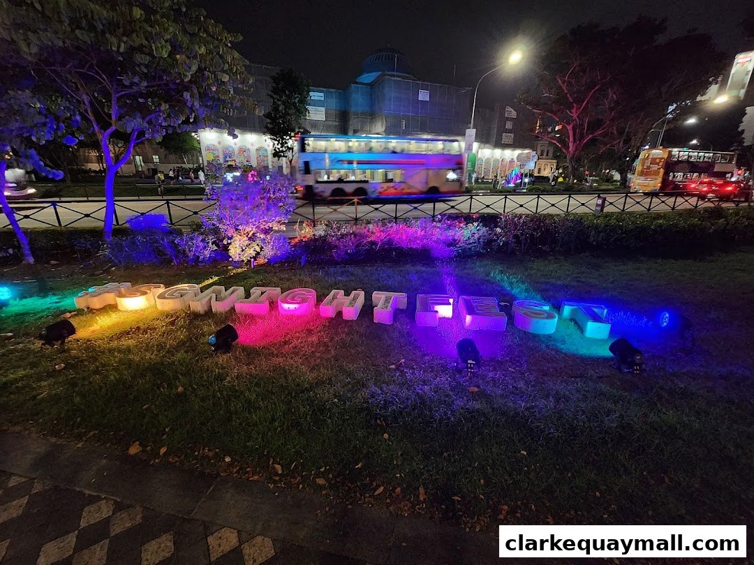 Illuminated letters spelling 'SINGAPORE FESTIVAL OF FUN' at night with colorful lights.