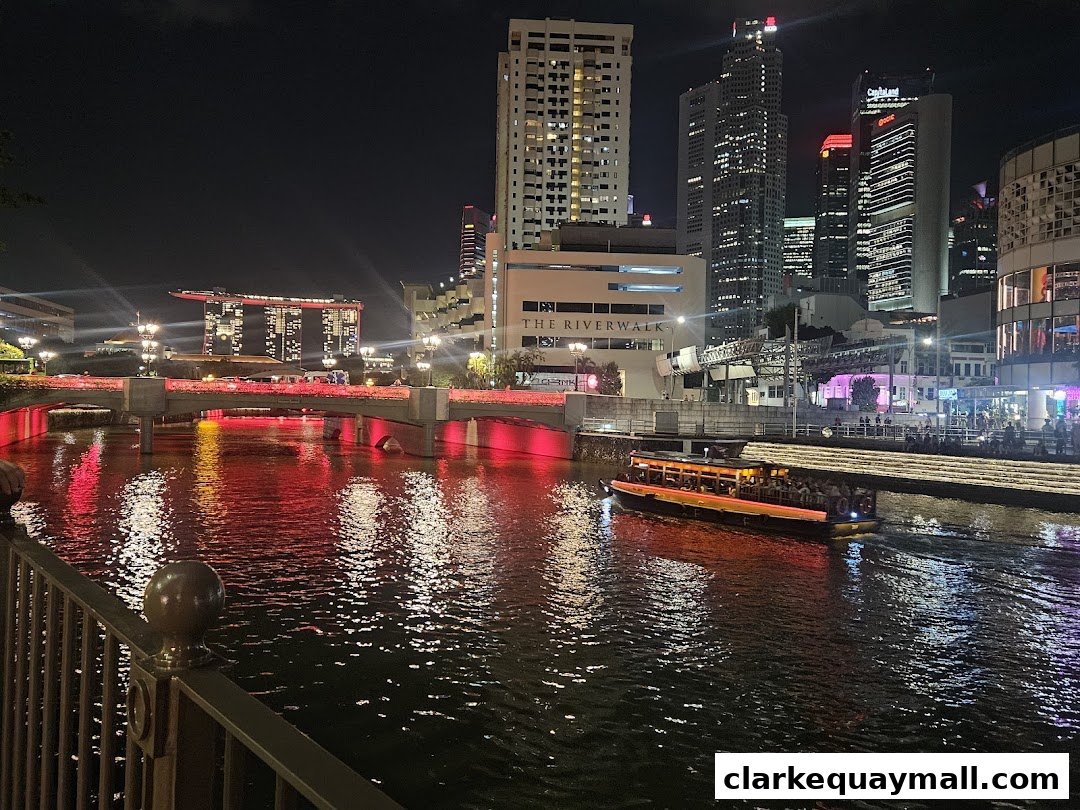 A Singapore River Cruise boat navigates the water at night with illuminated buildings and bridges.