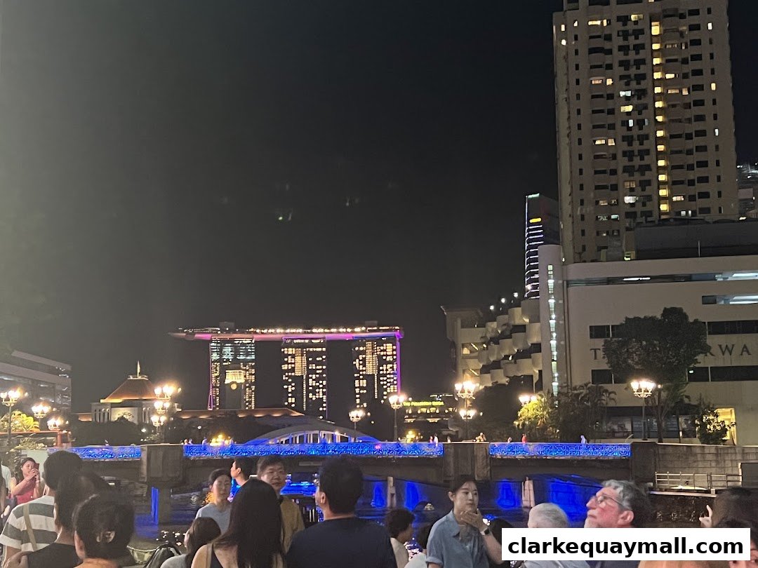 A crowd of people gathered by a river at night, with illuminated buildings in the background.