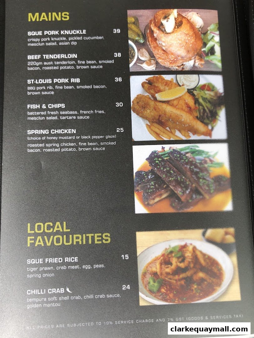 A menu from SQUE Rotisserie Alehouse featuring mains and local favorites with accompanying food images.