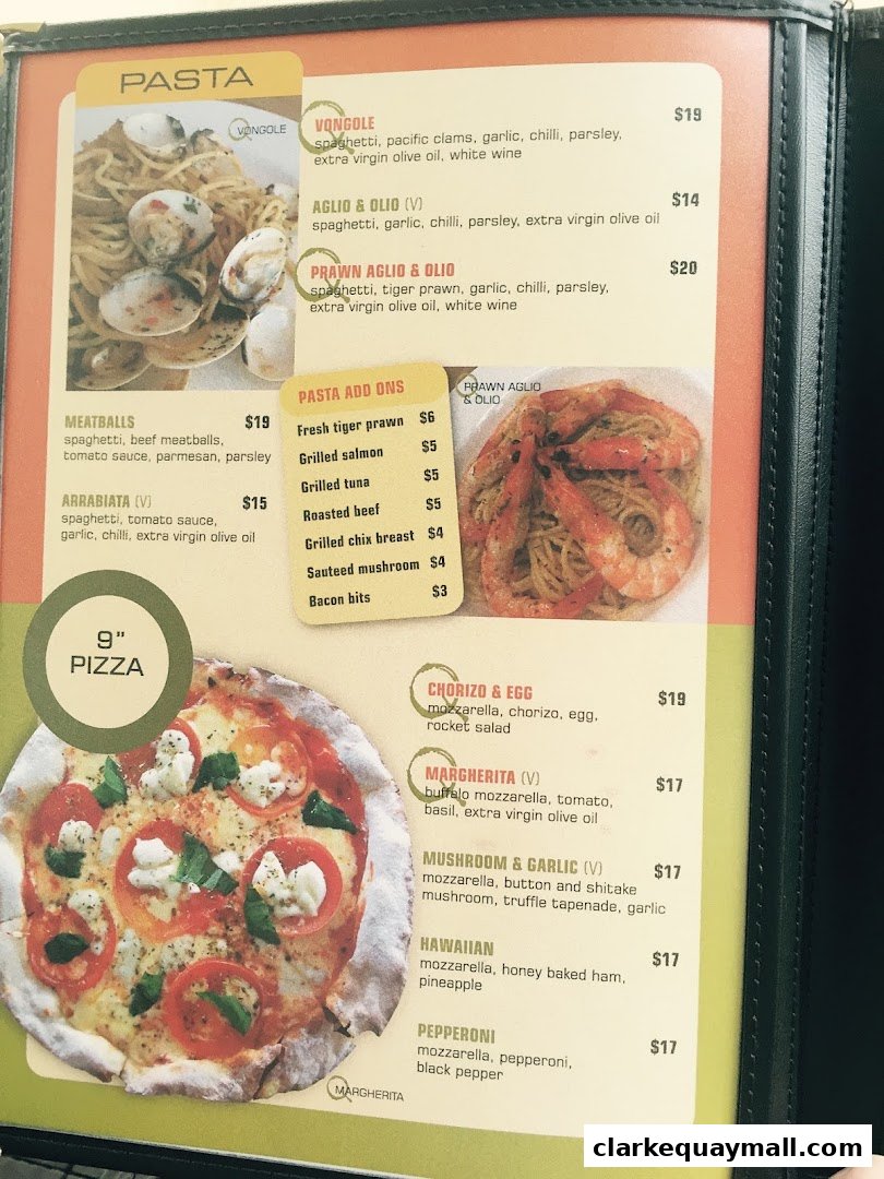 A menu featuring pasta dishes, pizza, and pasta add-ons with appealing food photography.