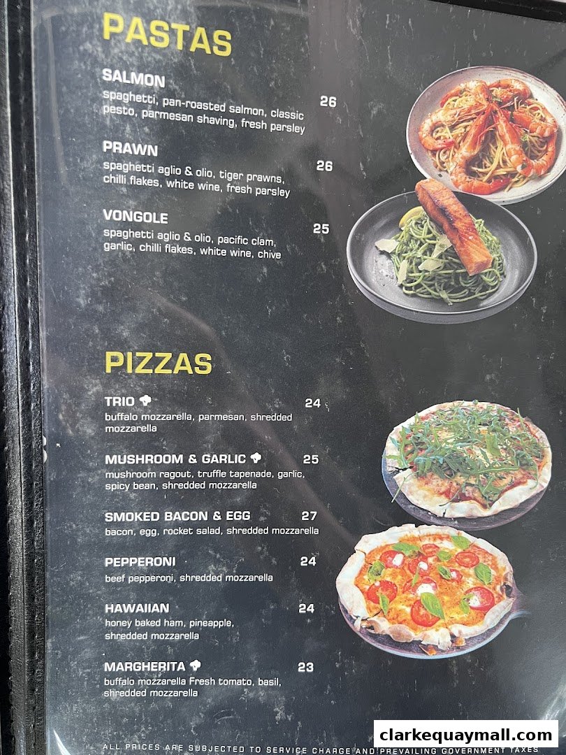 A menu featuring pasta and pizza dishes with descriptions and prices.