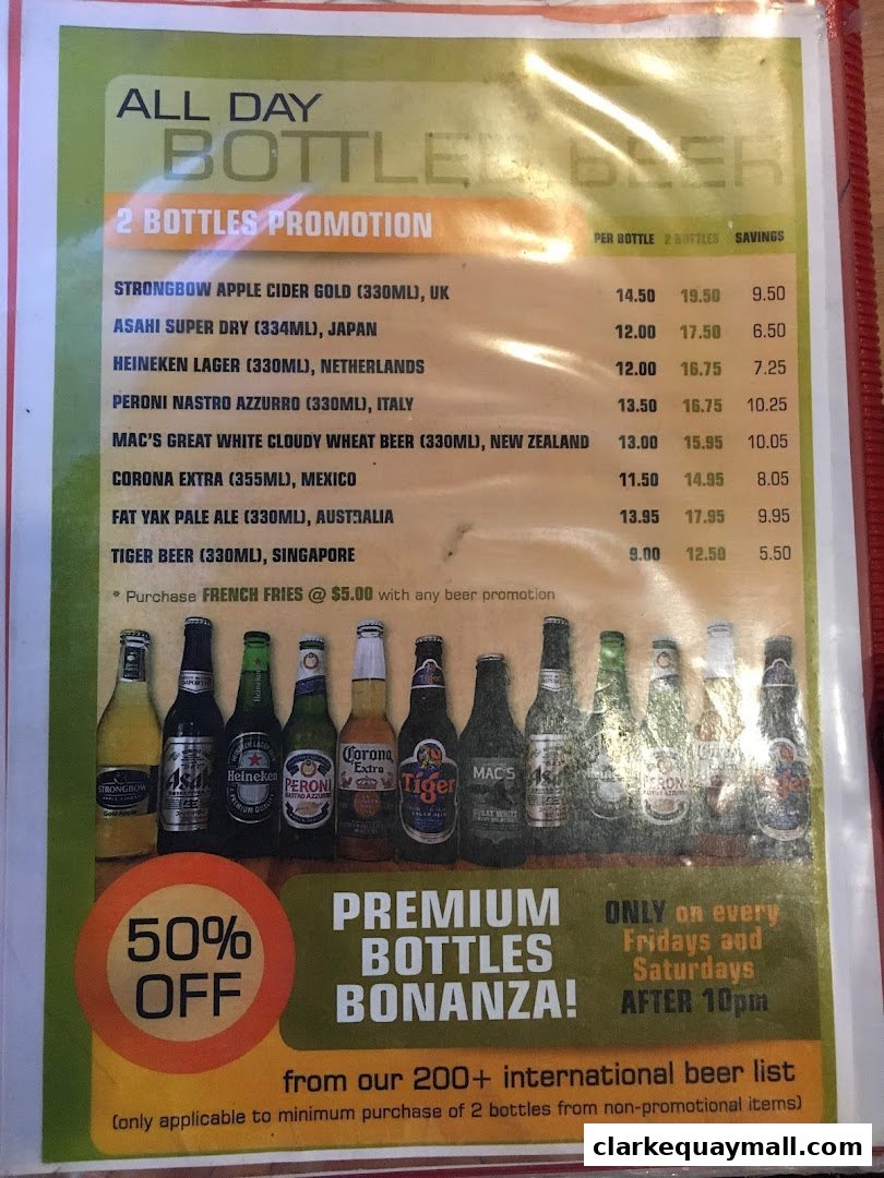 A menu featuring an all-day bottle beer promotion with various international brands and a 50% off offer.