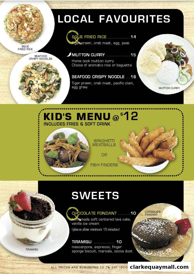 A menu featuring local favorites, kid's meals, and sweets with enticing food photography.