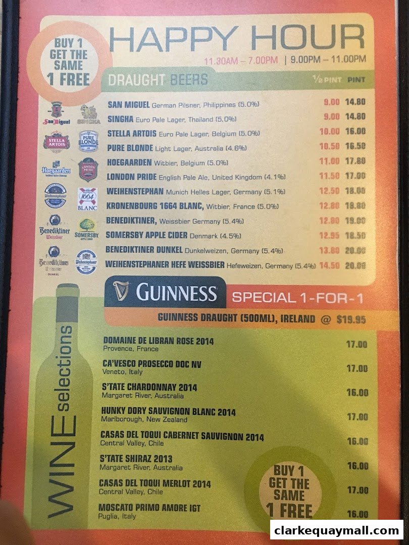 A menu featuring happy hour specials on draught beers and wine selections.