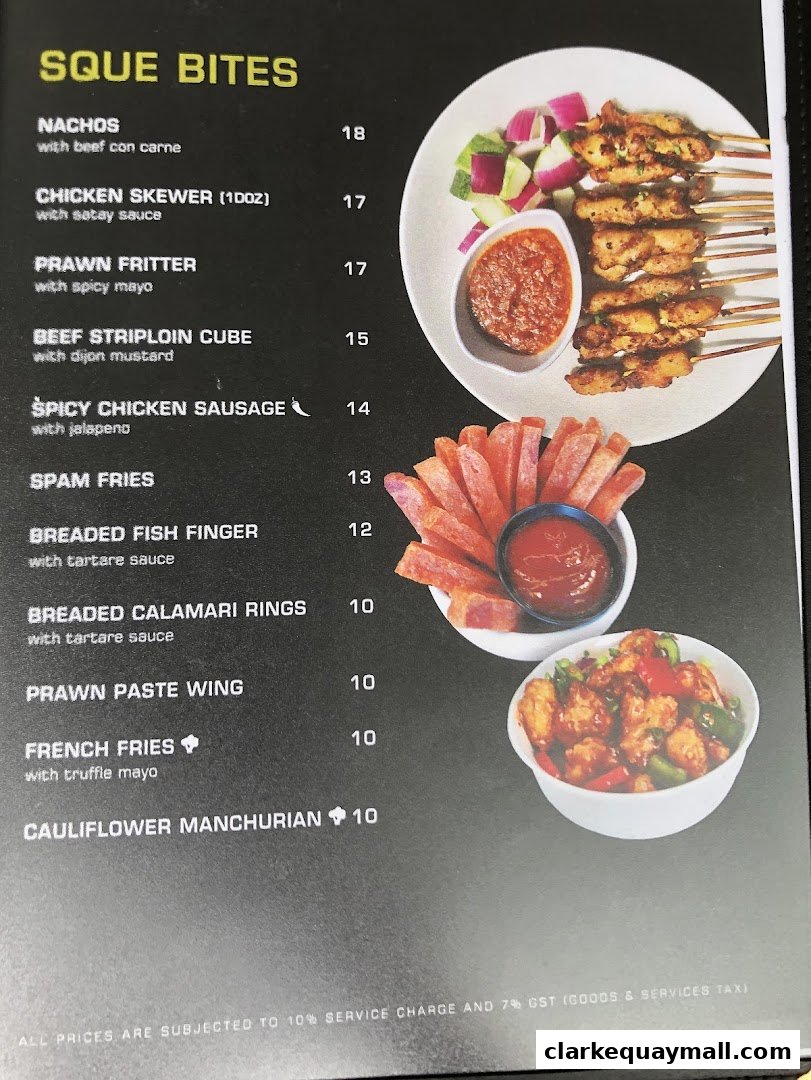 A menu from SQUE Rotisserie & Alehouse featuring various appetizers and sides with prices.
