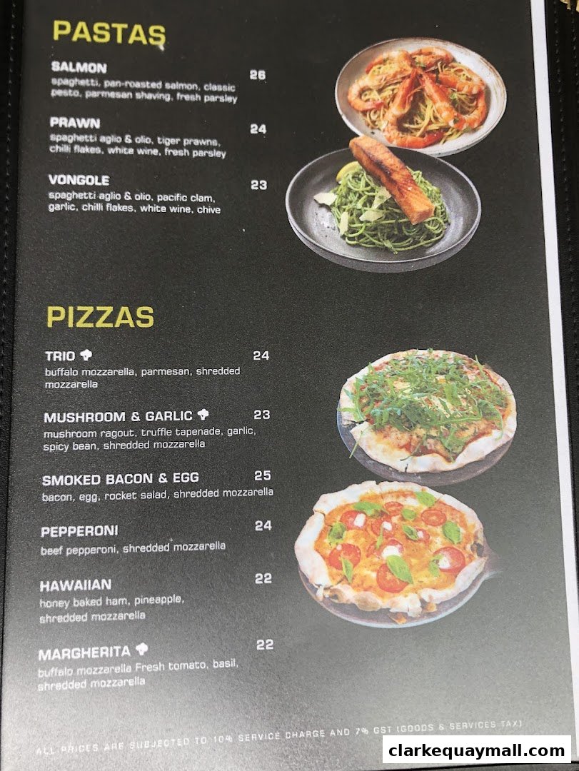 A menu featuring pasta and pizza dishes with accompanying images.
