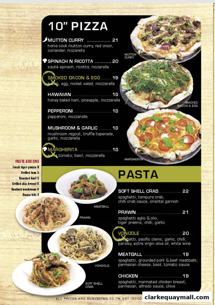 A menu featuring pizzas and pasta dishes with accompanying images.