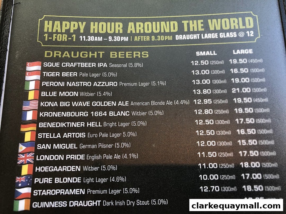 A menu featuring a wide selection of draught beers with prices for small and large glasses.