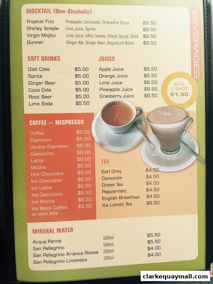 A menu featuring mocktails, soft drinks, juices, coffee, tea, and mineral water with prices.