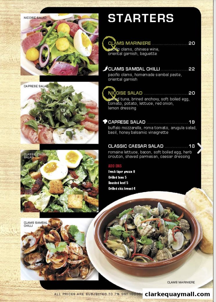 A menu page for SQUE Rotisserie & Alehouse featuring starters like salads and clams.