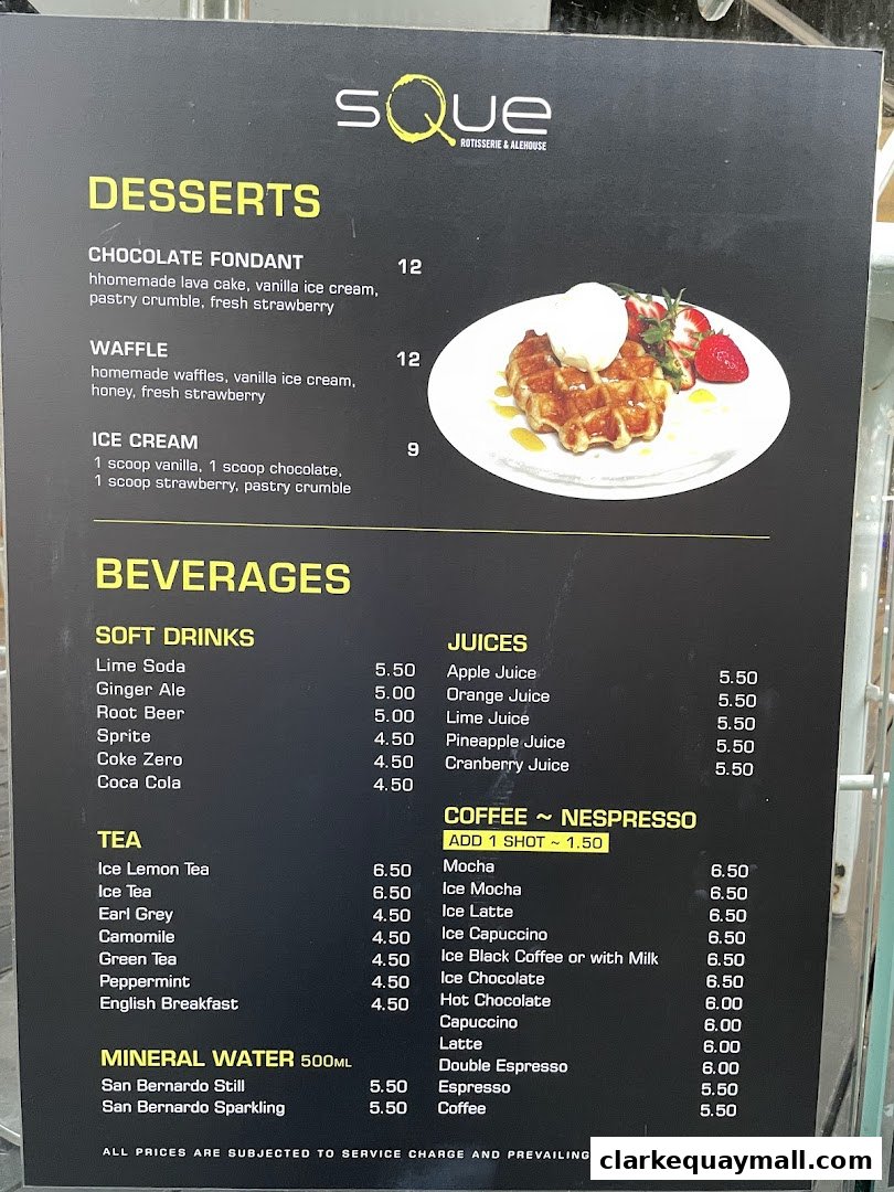 A menu from SQUE Rotisserie & Alehouse featuring desserts and beverages.