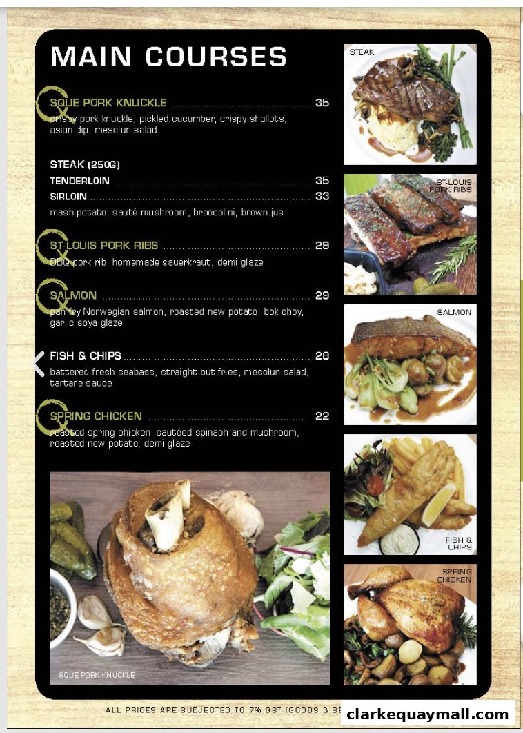 A menu for SQUE Rotisserie & Alehouse featuring main courses with descriptions and prices.