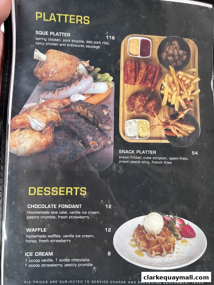 A menu featuring platters and desserts with descriptions and prices.