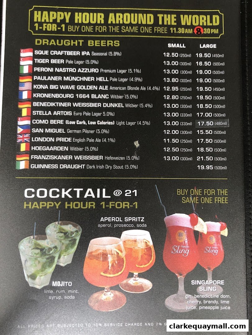 A menu featuring draught beers and cocktails with happy hour promotions.