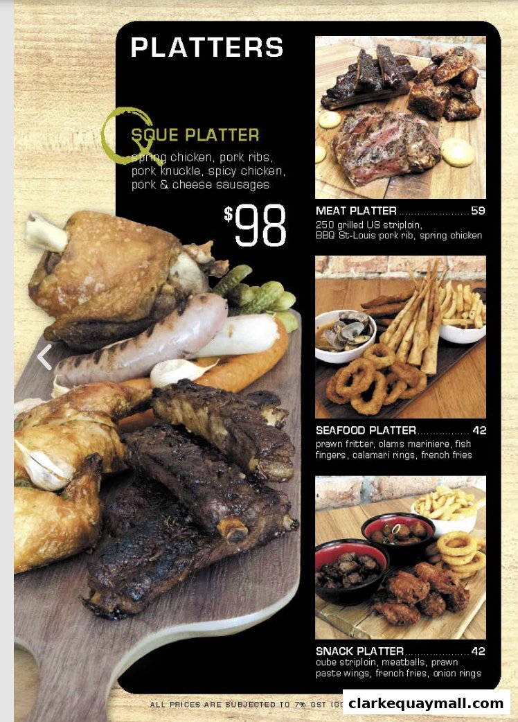 A menu featuring various platters with images of food items and their prices.